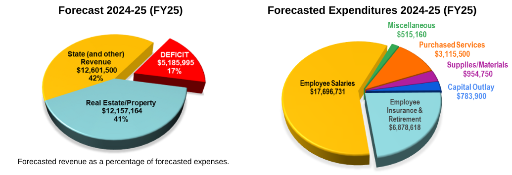 Forecast Revenue vs. Expenditures pie charts for 2024-25